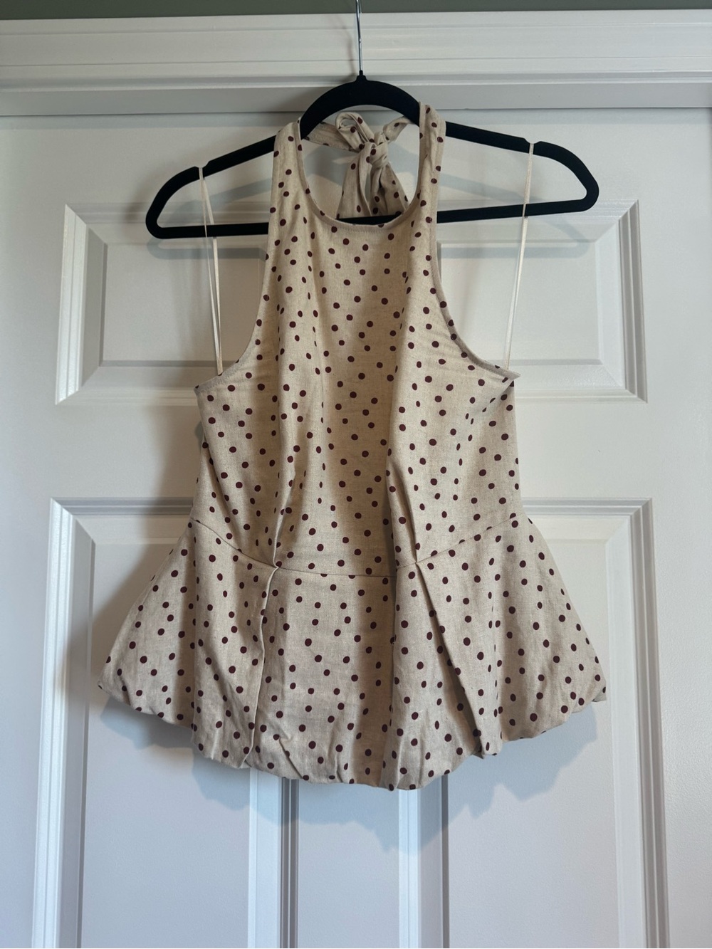 Zara Halter Peplum Polka Dot Top - Cream with Brown Dots